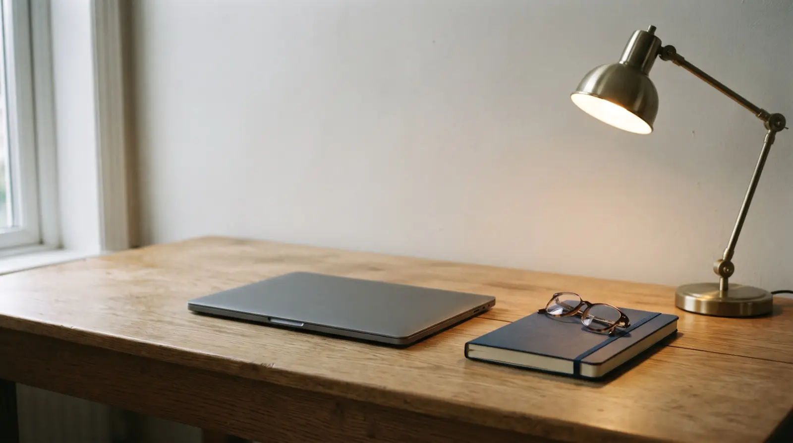 Geschlossener Laptop, Notizbuch und Schreibtischlampe auf einem Arbeitsplatz