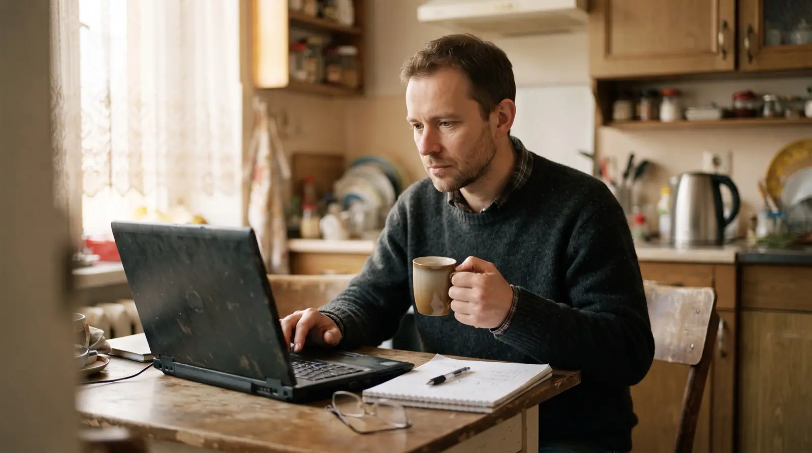 Küchentisch mit Laptop, Kaffeetasse und Unterlagen in einer Wohnküche
